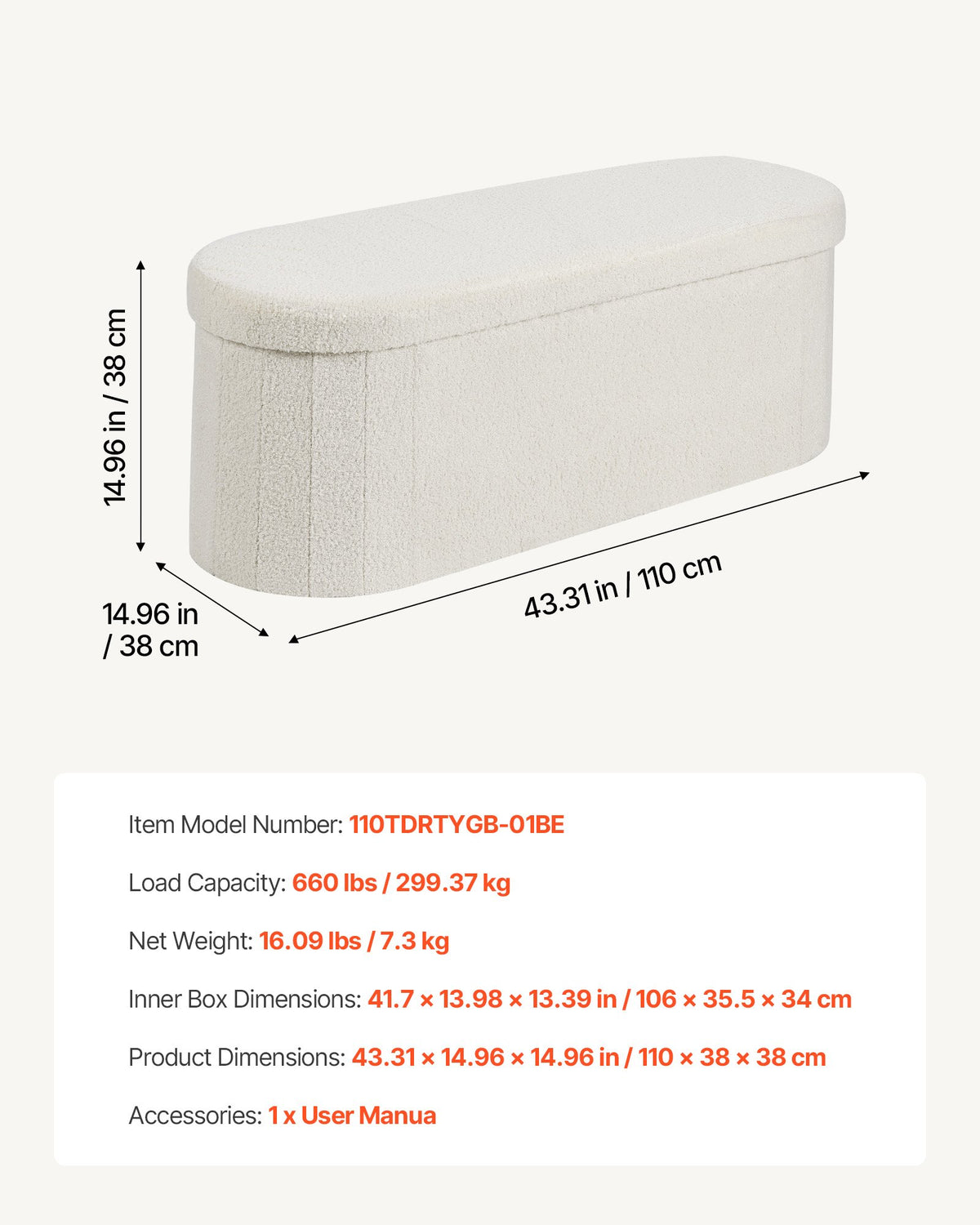VEVOR Oval Storage Ottoman Bench, Foldable Teddy Fleece End of Bed Bench, Folding Upholstered Bed Ottoman Chest with Large Storage Space, Supports 660 lbs, for Living Room, Bedroom, Entryway, Beige - BYWSZYKZDK40BI0GO001V0 - view 8