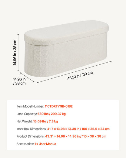 VEVOR Oval Storage Ottoman Bench, Foldable Teddy Fleece End of Bed Bench, Folding Upholstered Bed Ottoman Chest with Large Storage Space, Supports 660 lbs, for Living Room, Bedroom, Entryway, Beige - BYWSZYKZDK40BI0GO001V0 - view 8