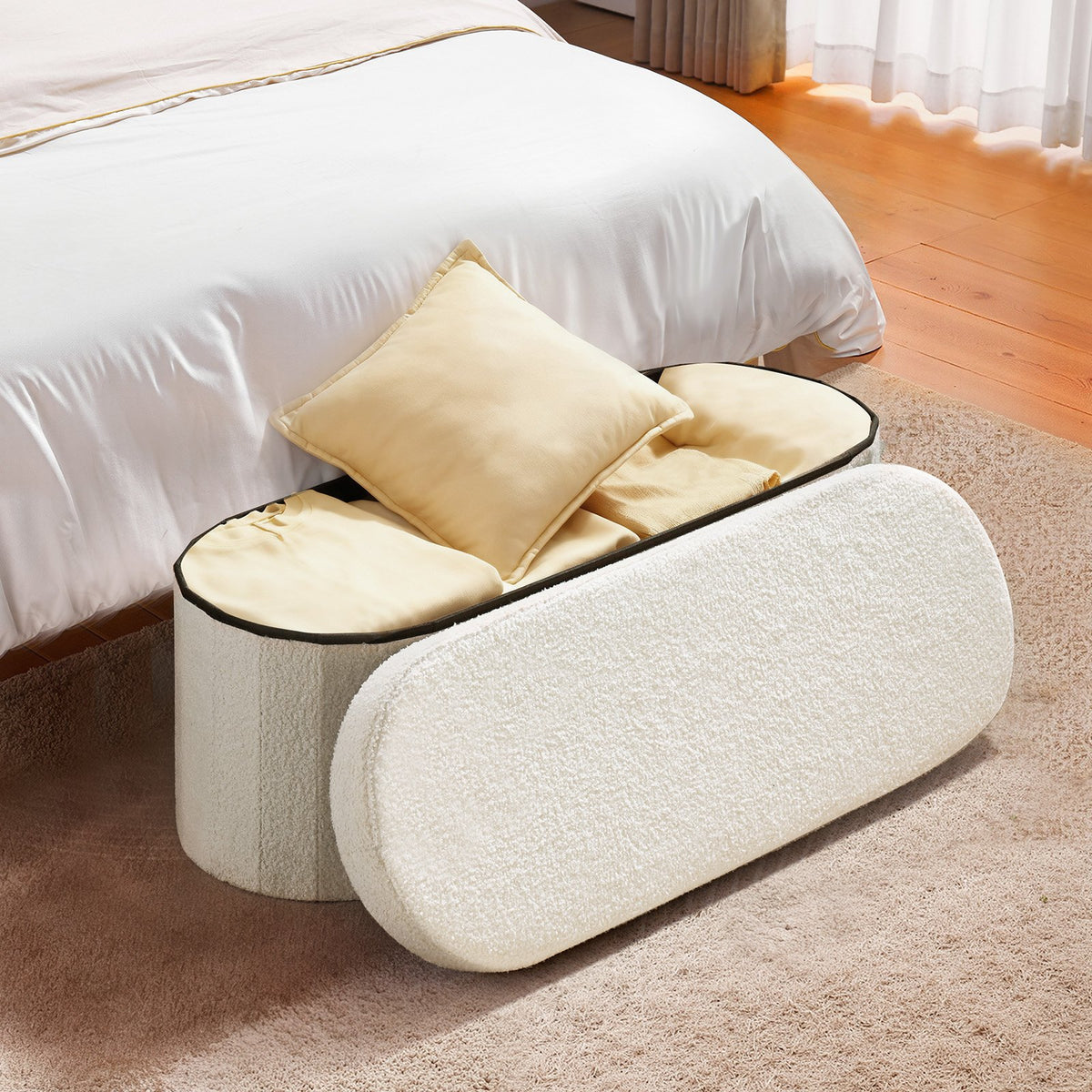 VEVOR Oval Storage Ottoman Bench, Foldable Teddy Fleece End of Bed Bench, Folding Upholstered Bed Ottoman Chest with Large Storage Space, Supports 660 lbs, for Living Room, Bedroom, Entryway, Beige - BYWSZYKZDK40BI0GO001V0 - view 9