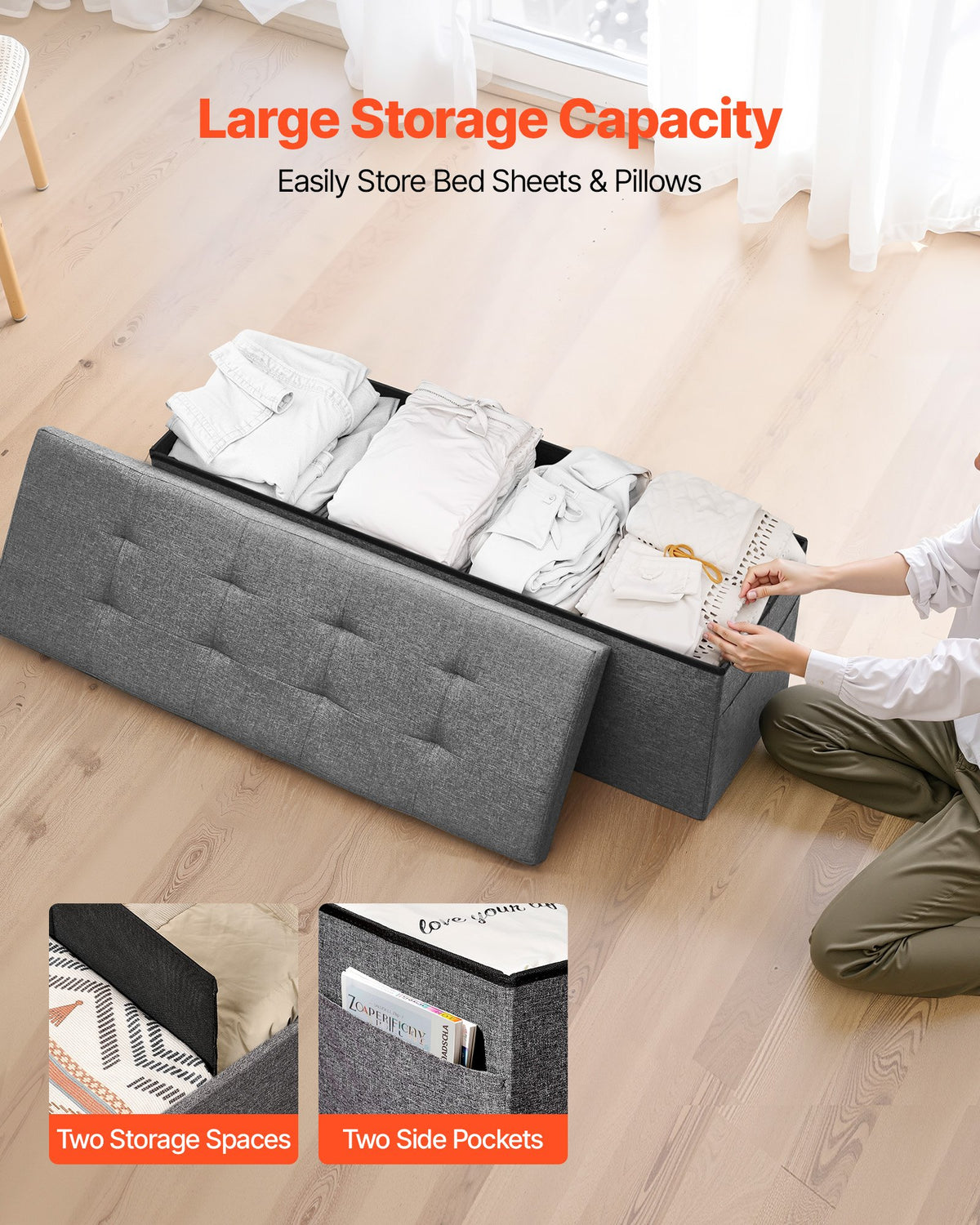 VEVOR Foldable Storage Ottoman Bench, End of Bed Bench with Side Bags, Folding Upholstered Storage Chest Supports 660 lbs, Linen Bed Ottoman with Large Space for Living Room, Bedroom, Entryway, Grey - BYWSZYKZDK40FW7EP001V0 - view 3