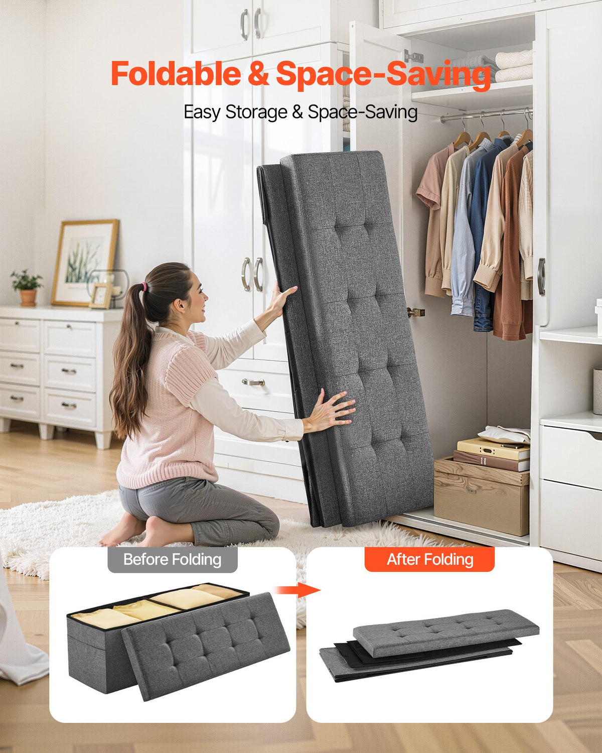 VEVOR Foldable Storage Ottoman Bench, End of Bed Bench with Side Bags, Folding Upholstered Storage Chest Supports 660 lbs, Linen Bed Ottoman with Large Space for Living Room, Bedroom, Entryway, Grey - BYWSZYKZDK40FW7EP001V0 - view 5