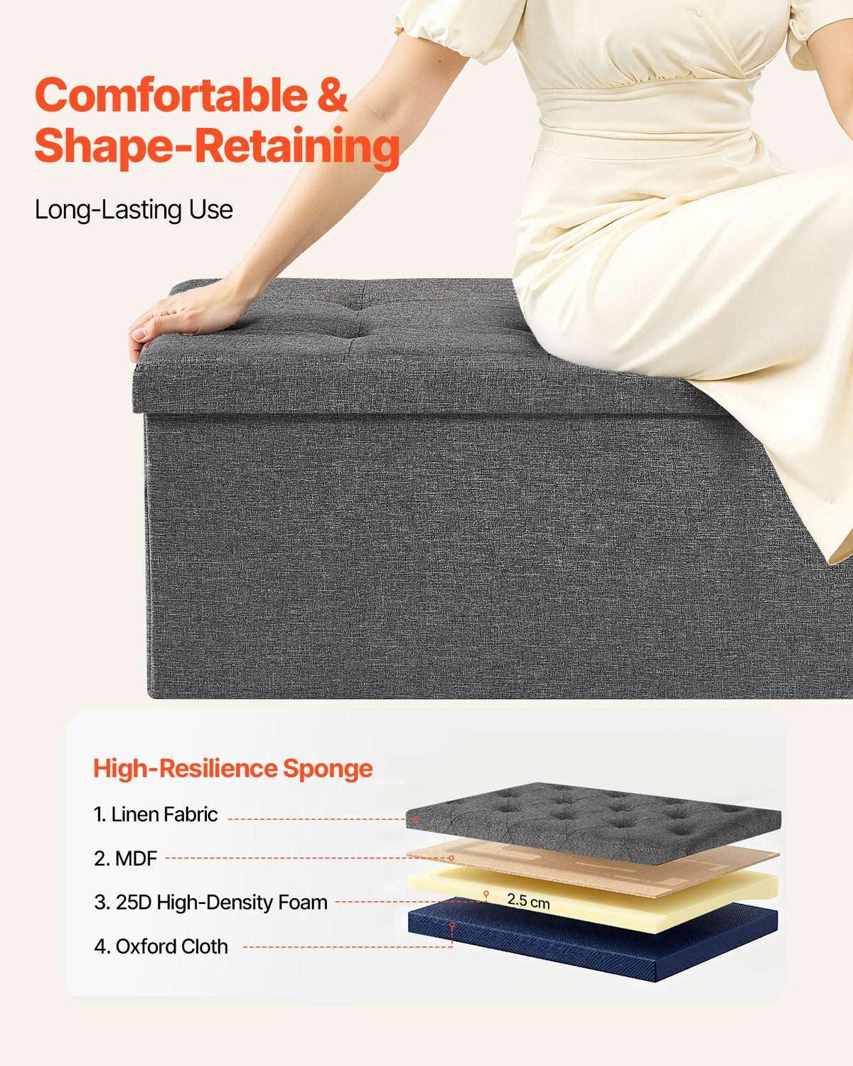 VEVOR Foldable Storage Ottoman Bench, End of Bed Bench with Side Bags, Folding Upholstered Storage Chest Supports 660 lbs, Linen Bed Ottoman with Large Space for Living Room, Bedroom, Entryway, Grey - BYWSZYKZDK40FW7EP001V0 - view 6