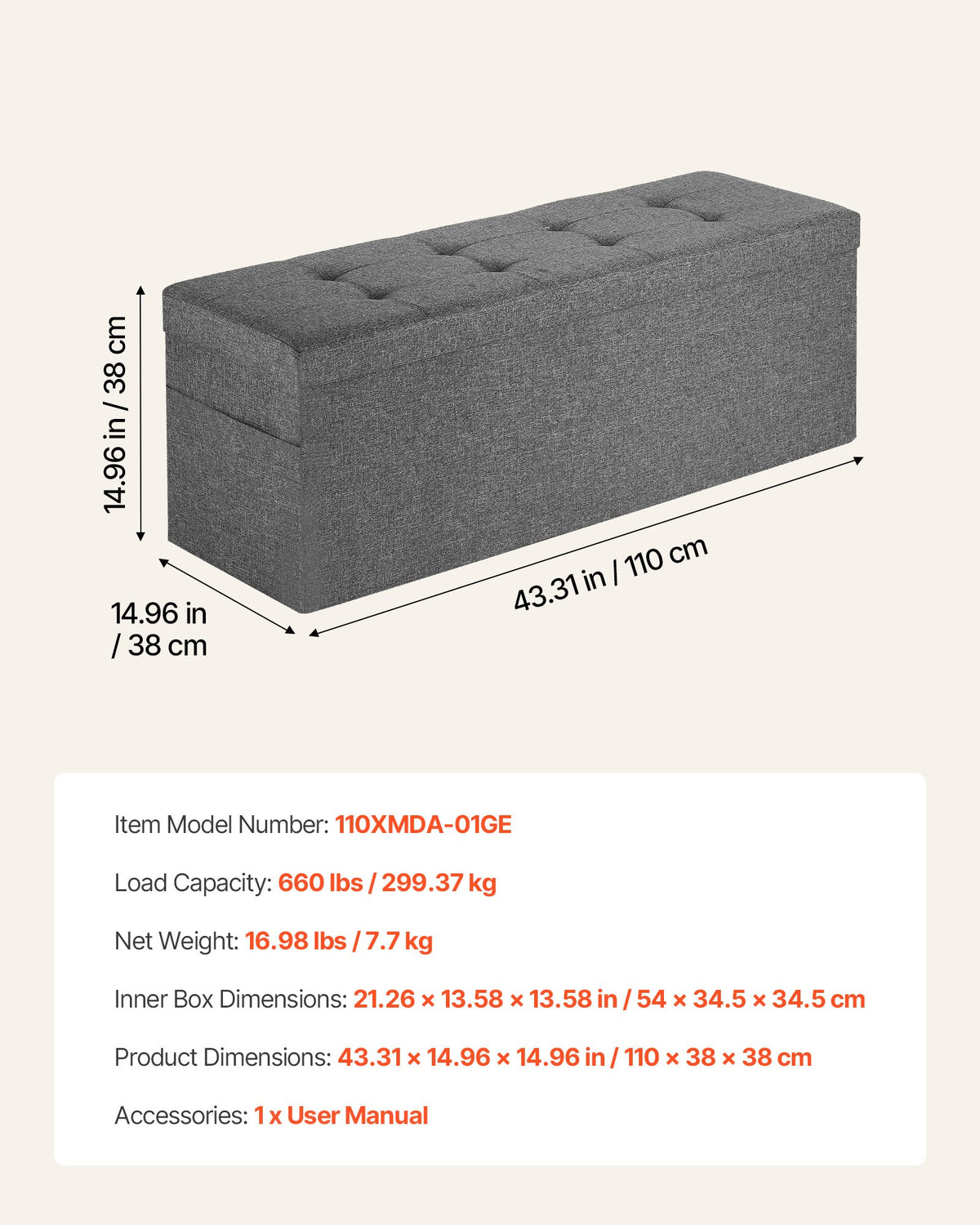 VEVOR Foldable Storage Ottoman Bench, End of Bed Bench with Side Bags, Folding Upholstered Storage Chest Supports 660 lbs, Linen Bed Ottoman with Large Space for Living Room, Bedroom, Entryway, Grey - BYWSZYKZDK40FW7EP001V0 - view 8