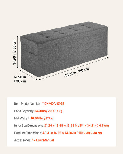 VEVOR Foldable Storage Ottoman Bench, End of Bed Bench with Side Bags, Folding Upholstered Storage Chest Supports 660 lbs, Linen Bed Ottoman with Large Space for Living Room, Bedroom, Entryway, Grey - BYWSZYKZDK40FW7EP001V0 - view 8