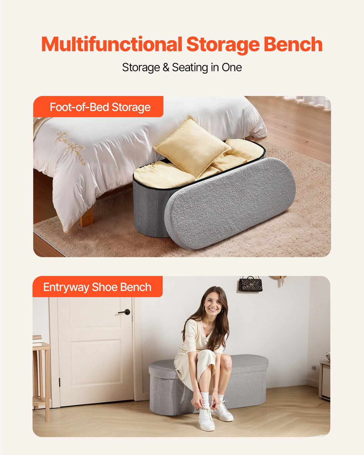 VEVOR Oval Storage Ottoman Bench, Foldable Teddy Fleece End of Bed Bench, Folding Upholstered Bed Ottoman Chest with Large Storage Space, Supports 660 lbs, for Living Room, Bedroom, Entryway, Grey - BYWSZYKZDK40KOB06001V0 - view 4