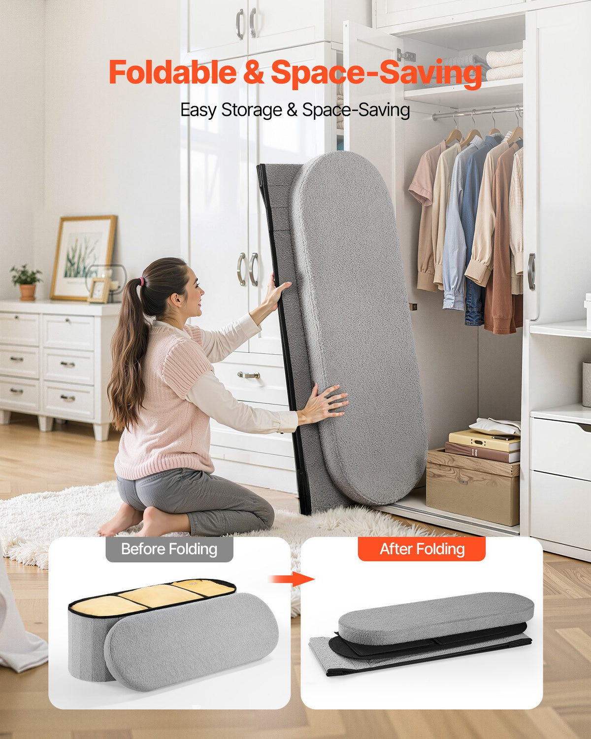 VEVOR Oval Storage Ottoman Bench, Foldable Teddy Fleece End of Bed Bench, Folding Upholstered Bed Ottoman Chest with Large Storage Space, Supports 660 lbs, for Living Room, Bedroom, Entryway, Grey - BYWSZYKZDK40KOB06001V0 - view 5