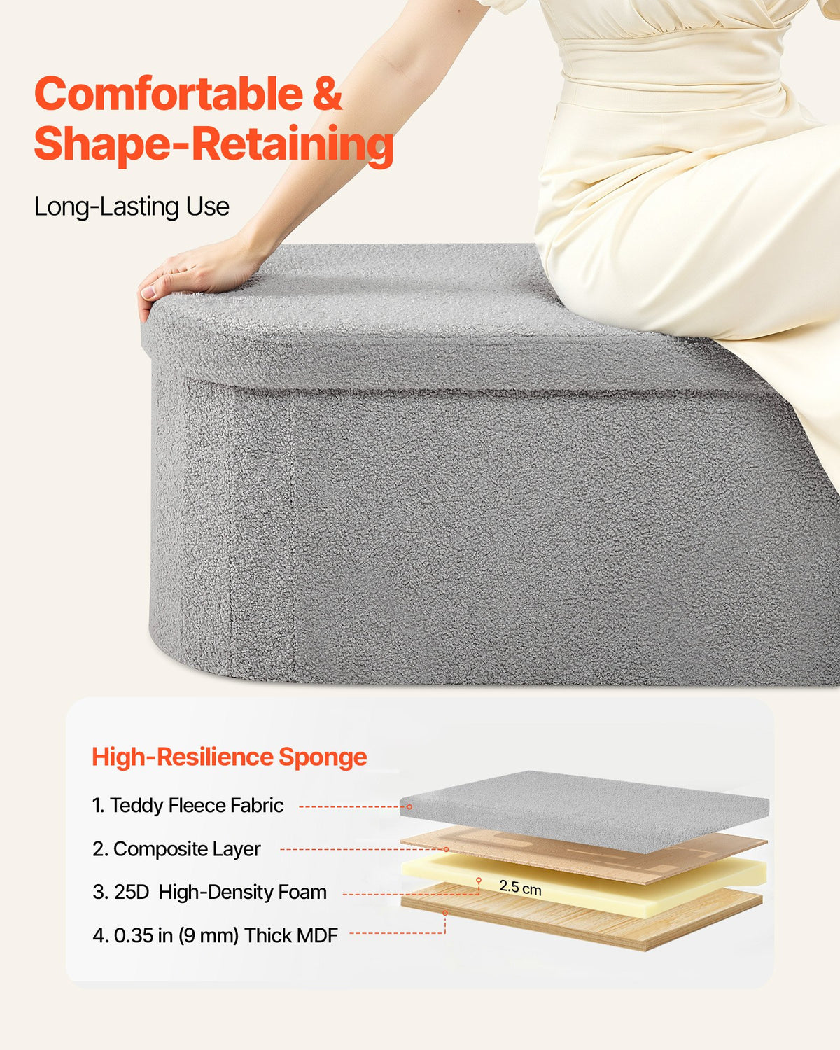 VEVOR Oval Storage Ottoman Bench, Foldable Teddy Fleece End of Bed Bench, Folding Upholstered Bed Ottoman Chest with Large Storage Space, Supports 660 lbs, for Living Room, Bedroom, Entryway, Grey - BYWSZYKZDK40KOB06001V0 - view 6
