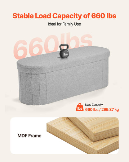 VEVOR Oval Storage Ottoman Bench, Foldable Teddy Fleece End of Bed Bench, Folding Upholstered Bed Ottoman Chest with Large Storage Space, Supports 660 lbs, for Living Room, Bedroom, Entryway, Grey - BYWSZYKZDK40KOB06001V0 - view 7