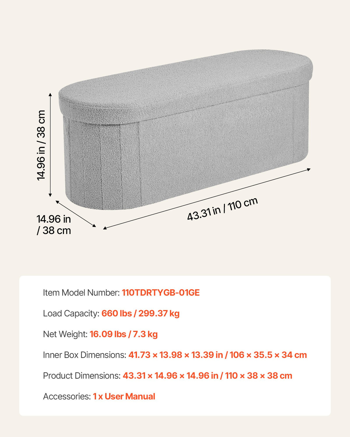 VEVOR Oval Storage Ottoman Bench, Foldable Teddy Fleece End of Bed Bench, Folding Upholstered Bed Ottoman Chest with Large Storage Space, Supports 660 lbs, for Living Room, Bedroom, Entryway, Grey - BYWSZYKZDK40KOB06001V0 - view 8