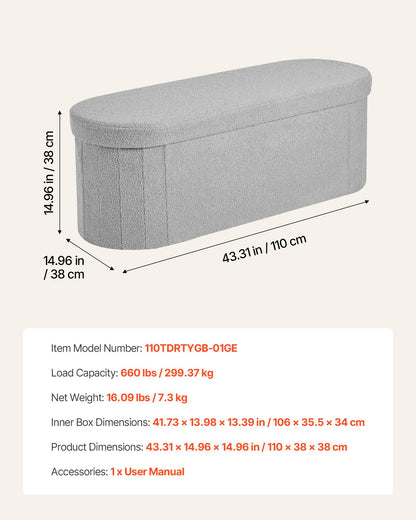 VEVOR Oval Storage Ottoman Bench, Foldable Teddy Fleece End of Bed Bench, Folding Upholstered Bed Ottoman Chest with Large Storage Space, Supports 660 lbs, for Living Room, Bedroom, Entryway, Grey - BYWSZYKZDK40KOB06001V0 - view 8