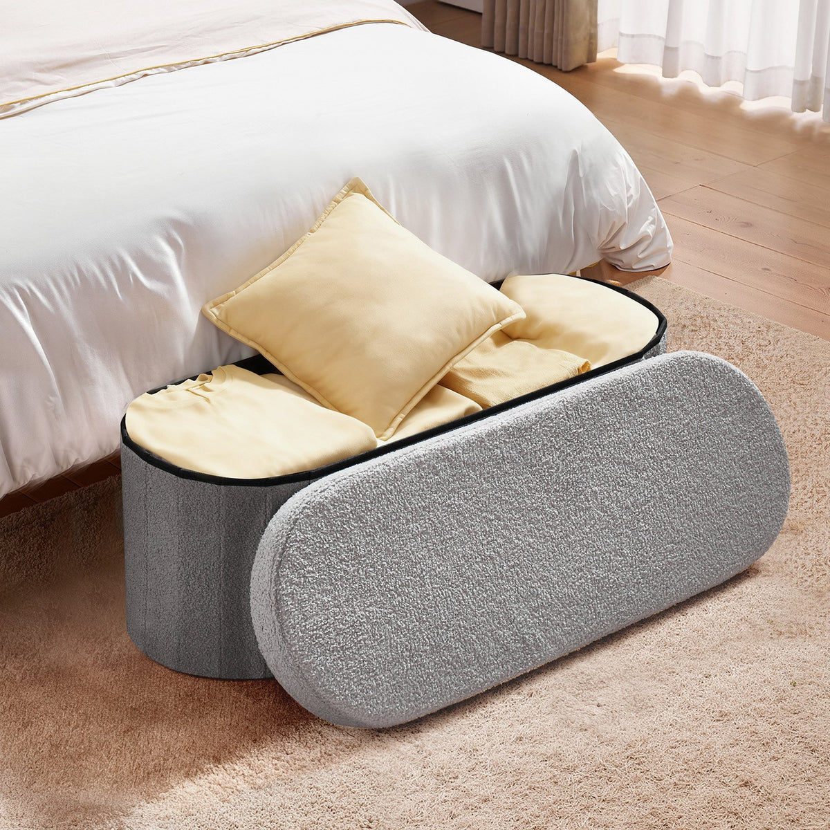 VEVOR Oval Storage Ottoman Bench, Foldable Teddy Fleece End of Bed Bench, Folding Upholstered Bed Ottoman Chest with Large Storage Space, Supports 660 lbs, for Living Room, Bedroom, Entryway, Grey - BYWSZYKZDK40KOB06001V0 - view 9