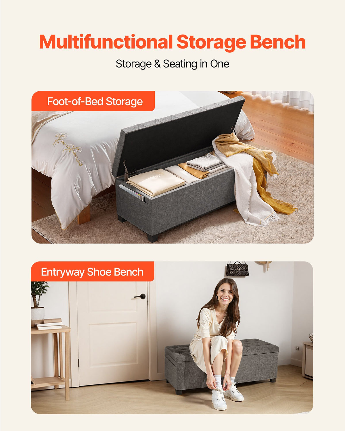 VEVOR Storage Ottoman Bench, Button-Tufted End of Bed Bench with Side Bags, Flip-up Upholstered Storage Chest with Metal Frame, Linen Bed Ottoman for Living Room, Bedroom, Entryway, Office, Grey - BYWSZYXTK404GT90L001V0 - view 4