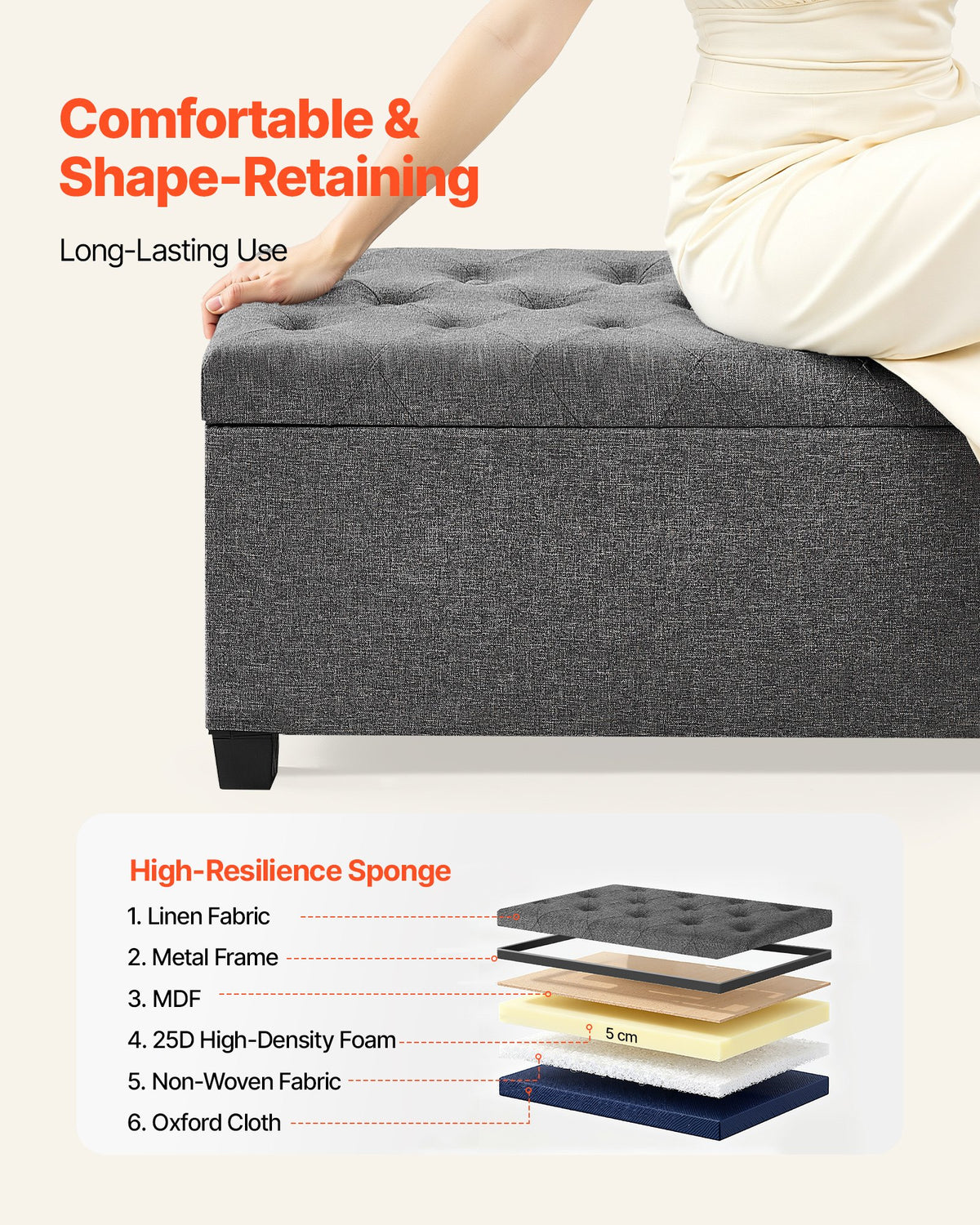 VEVOR Storage Ottoman Bench, Button-Tufted End of Bed Bench with Side Bags, Flip-up Upholstered Storage Chest with Metal Frame, Linen Bed Ottoman for Living Room, Bedroom, Entryway, Office, Grey - BYWSZYXTK404GT90L001V0 - view 5