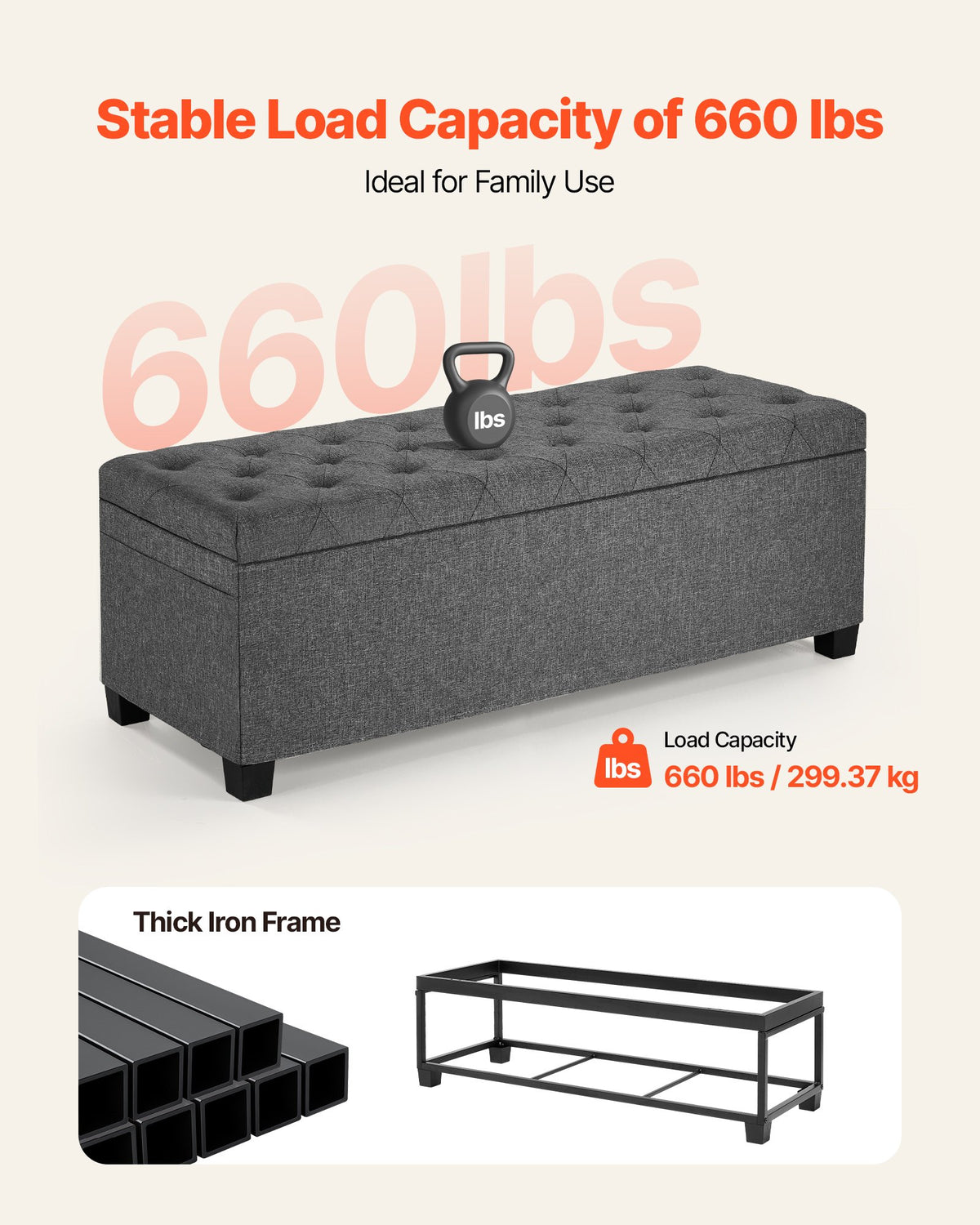 VEVOR Storage Ottoman Bench, Button-Tufted End of Bed Bench with Side Bags, Flip-up Upholstered Storage Chest with Metal Frame, Linen Bed Ottoman for Living Room, Bedroom, Entryway, Office, Grey - BYWSZYXTK404GT90L001V0 - view 6
