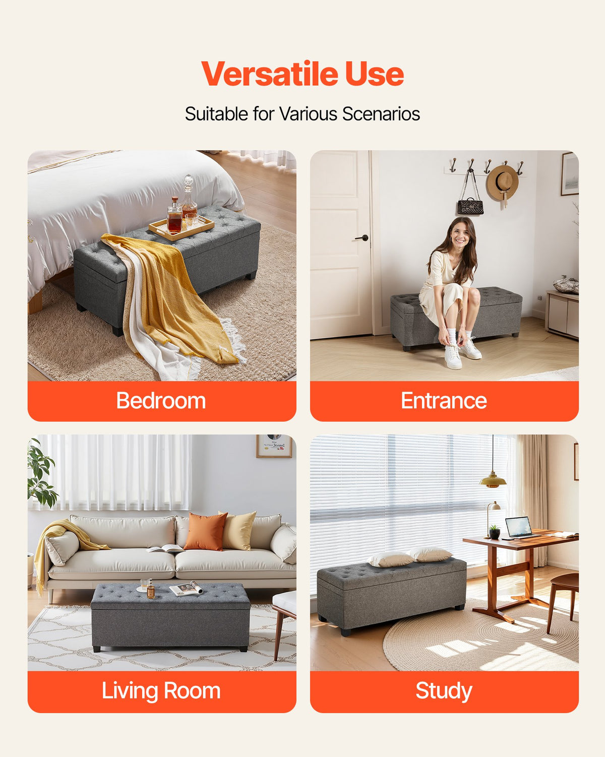 VEVOR Storage Ottoman Bench, Button-Tufted End of Bed Bench with Side Bags, Flip-up Upholstered Storage Chest with Metal Frame, Linen Bed Ottoman for Living Room, Bedroom, Entryway, Office, Grey - BYWSZYXTK404GT90L001V0 - view 7