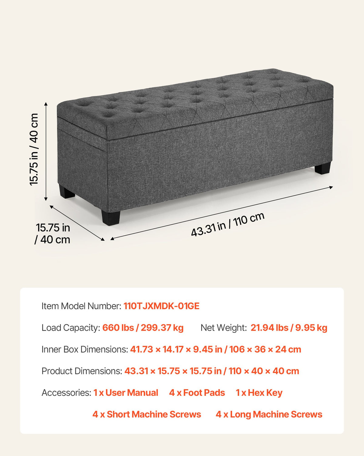 VEVOR Storage Ottoman Bench, Button-Tufted End of Bed Bench with Side Bags, Flip-up Upholstered Storage Chest with Metal Frame, Linen Bed Ottoman for Living Room, Bedroom, Entryway, Office, Grey - BYWSZYXTK404GT90L001V0 - view 8