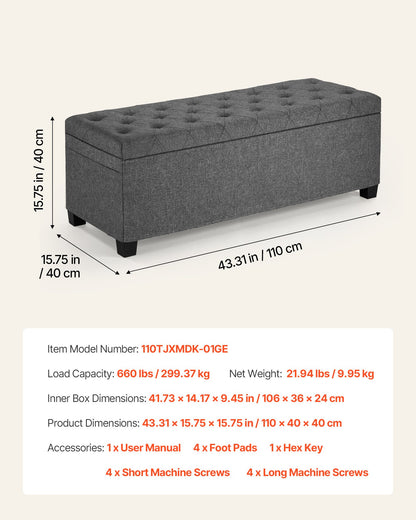 VEVOR Storage Ottoman Bench, Button-Tufted End of Bed Bench with Side Bags, Flip-up Upholstered Storage Chest with Metal Frame, Linen Bed Ottoman for Living Room, Bedroom, Entryway, Office, Grey - BYWSZYXTK404GT90L001V0 - view 8