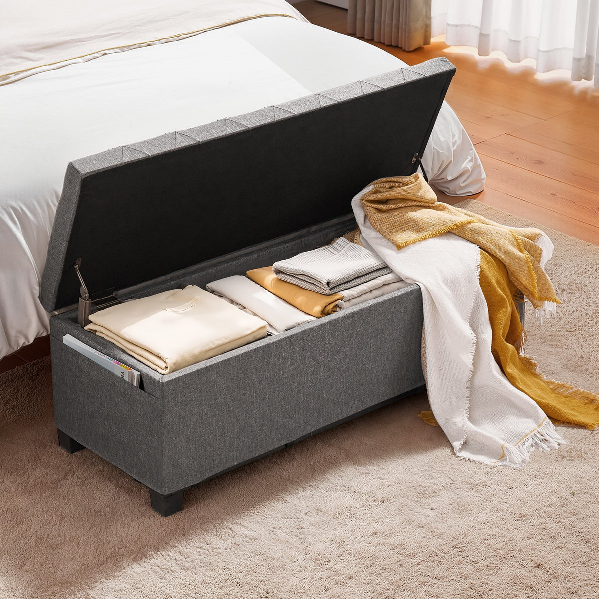 VEVOR Storage Ottoman Bench, Button-Tufted End of Bed Bench with Side Bags, Flip-up Upholstered Storage Chest with Metal Frame, Linen Bed Ottoman for Living Room, Bedroom, Entryway, Office, Grey - BYWSZYXTK404GT90L001V0 - view 9