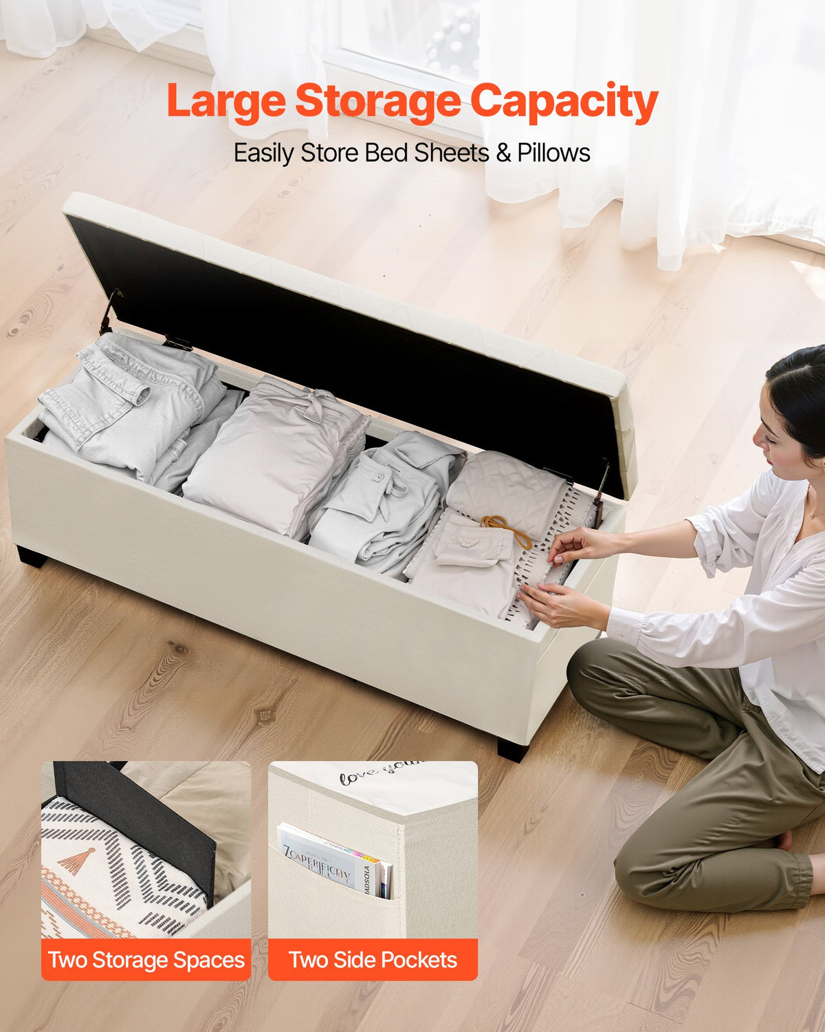 VEVOR Storage Ottoman Bench, Button-Tufted End of Bed Bench with Side Bags, Flip-up Upholstered Storage Chest with Metal Frame, Linen Bed Ottoman for Living Room, Bedroom, Entryway, Office, Beige - BYWSZYXTK404XZWNY001V0 - view 3