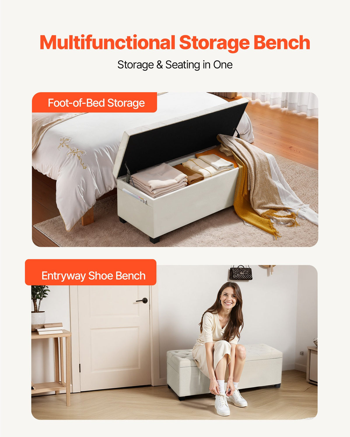 VEVOR Storage Ottoman Bench, Button-Tufted End of Bed Bench with Side Bags, Flip-up Upholstered Storage Chest with Metal Frame, Linen Bed Ottoman for Living Room, Bedroom, Entryway, Office, Beige - BYWSZYXTK404XZWNY001V0 - view 4
