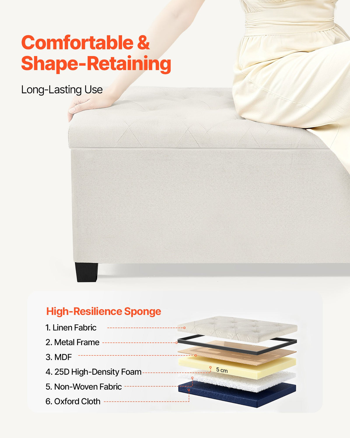 VEVOR Storage Ottoman Bench, Button-Tufted End of Bed Bench with Side Bags, Flip-up Upholstered Storage Chest with Metal Frame, Linen Bed Ottoman for Living Room, Bedroom, Entryway, Office, Beige - BYWSZYXTK404XZWNY001V0 - view 5