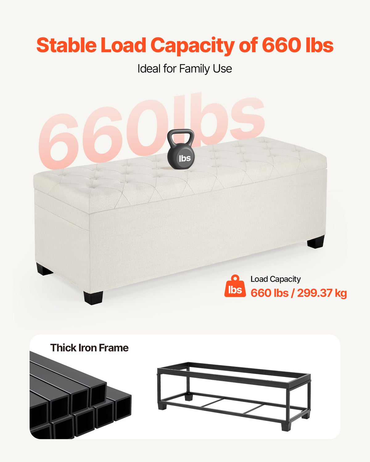 VEVOR Storage Ottoman Bench, Button-Tufted End of Bed Bench with Side Bags, Flip-up Upholstered Storage Chest with Metal Frame, Linen Bed Ottoman for Living Room, Bedroom, Entryway, Office, Beige - BYWSZYXTK404XZWNY001V0 - view 6