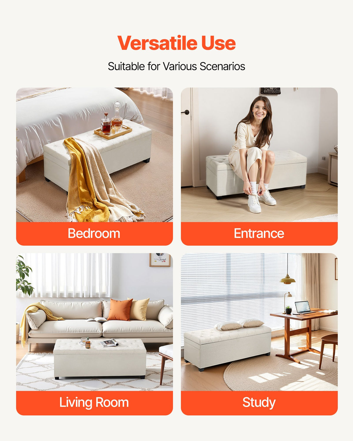 VEVOR Storage Ottoman Bench, Button-Tufted End of Bed Bench with Side Bags, Flip-up Upholstered Storage Chest with Metal Frame, Linen Bed Ottoman for Living Room, Bedroom, Entryway, Office, Beige - BYWSZYXTK404XZWNY001V0 - view 7