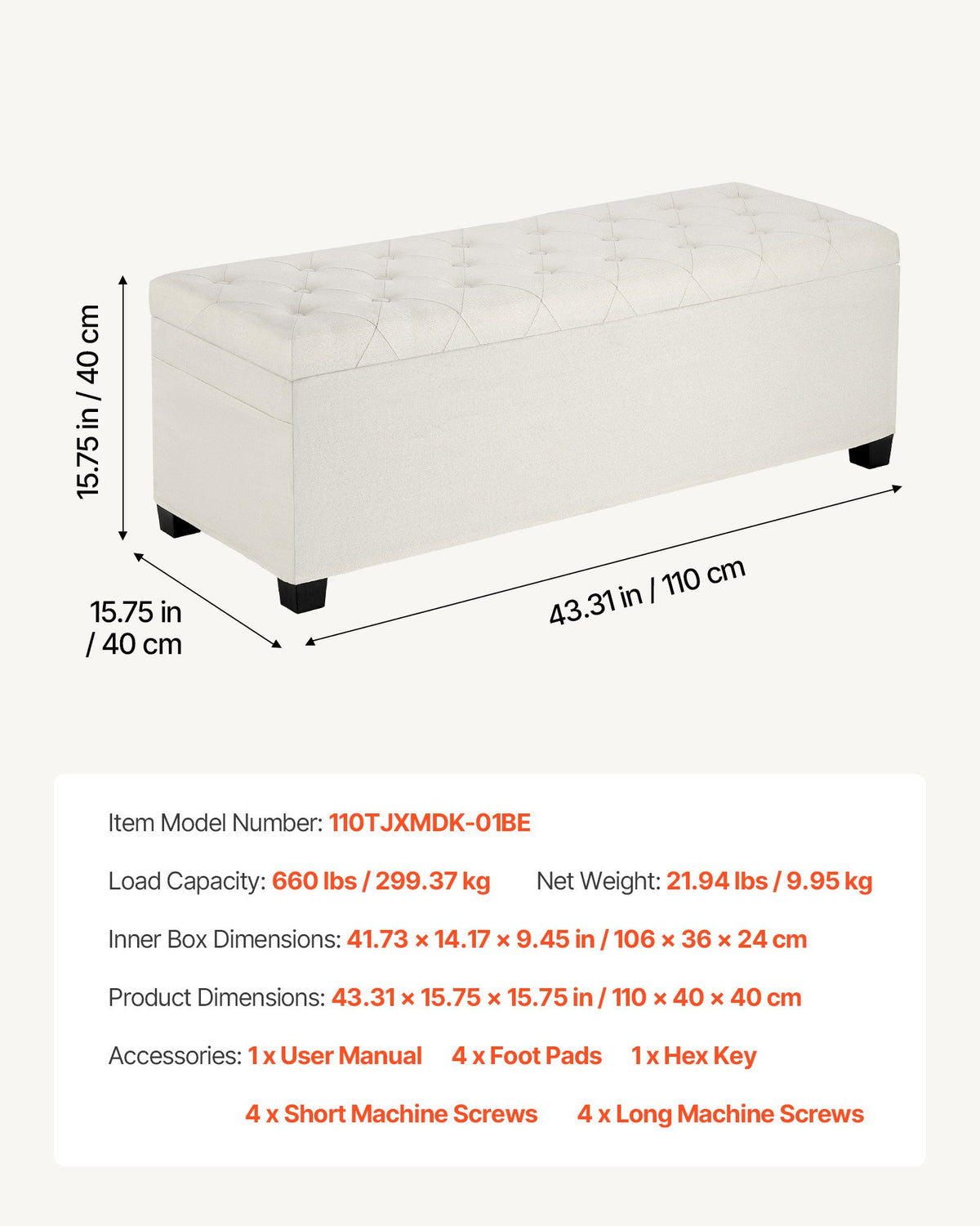 VEVOR Storage Ottoman Bench, Button-Tufted End of Bed Bench with Side Bags, Flip-up Upholstered Storage Chest with Metal Frame, Linen Bed Ottoman for Living Room, Bedroom, Entryway, Office, Beige - BYWSZYXTK404XZWNY001V0 - view 8