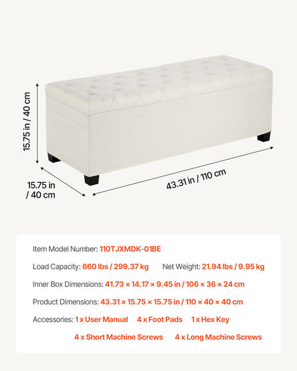 VEVOR Storage Ottoman Bench, Button-Tufted End of Bed Bench with Side Bags, Flip-up Upholstered Storage Chest with Metal Frame, Linen Bed Ottoman for Living Room, Bedroom, Entryway, Office, Beige - BYWSZYXTK404XZWNY001V0 - view 8