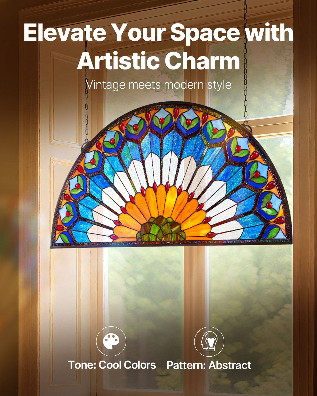 VEVOR Stained Glass Window Panel, 36 x 18 in, Tiffany Style Hanging Transom Window Panel with Chain, Large Half-Round Stain Glass Hanging, Vintage Traditional Art Handcrafts for Kitchen Home Decor - BYXCSBLBBYXCJAKCJ001V0 - view 3