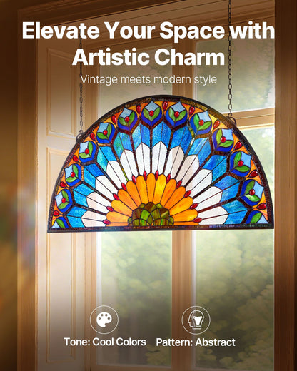 VEVOR Stained Glass Window Panel, 36 x 18 in, Tiffany Style Hanging Transom Window Panel with Chain, Large Half-Round Stain Glass Hanging, Vintage Traditional Art Handcrafts for Kitchen Home Decor - BYXCSBLBBYXCJAKCJ001V0 - view 3