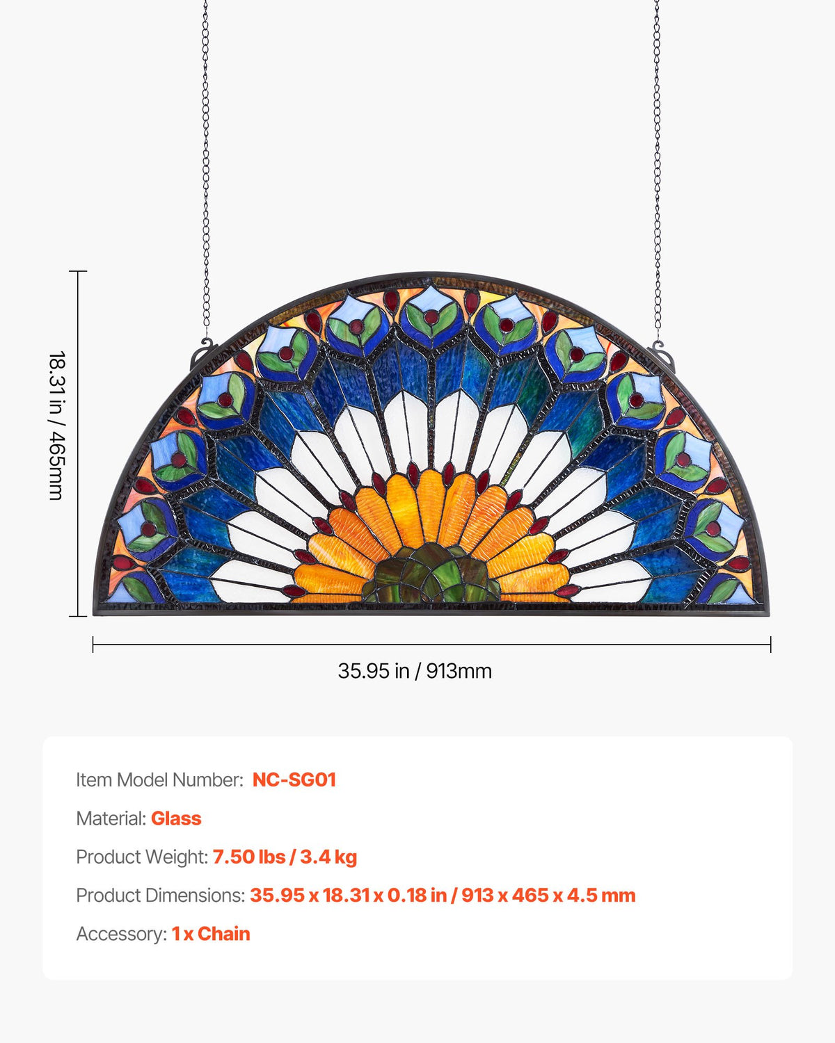 VEVOR Stained Glass Window Panel, 36 x 18 in, Tiffany Style Hanging Transom Window Panel with Chain, Large Half-Round Stain Glass Hanging, Vintage Traditional Art Handcrafts for Kitchen Home Decor - BYXCSBLBBYXCJAKCJ001V0 - view 8