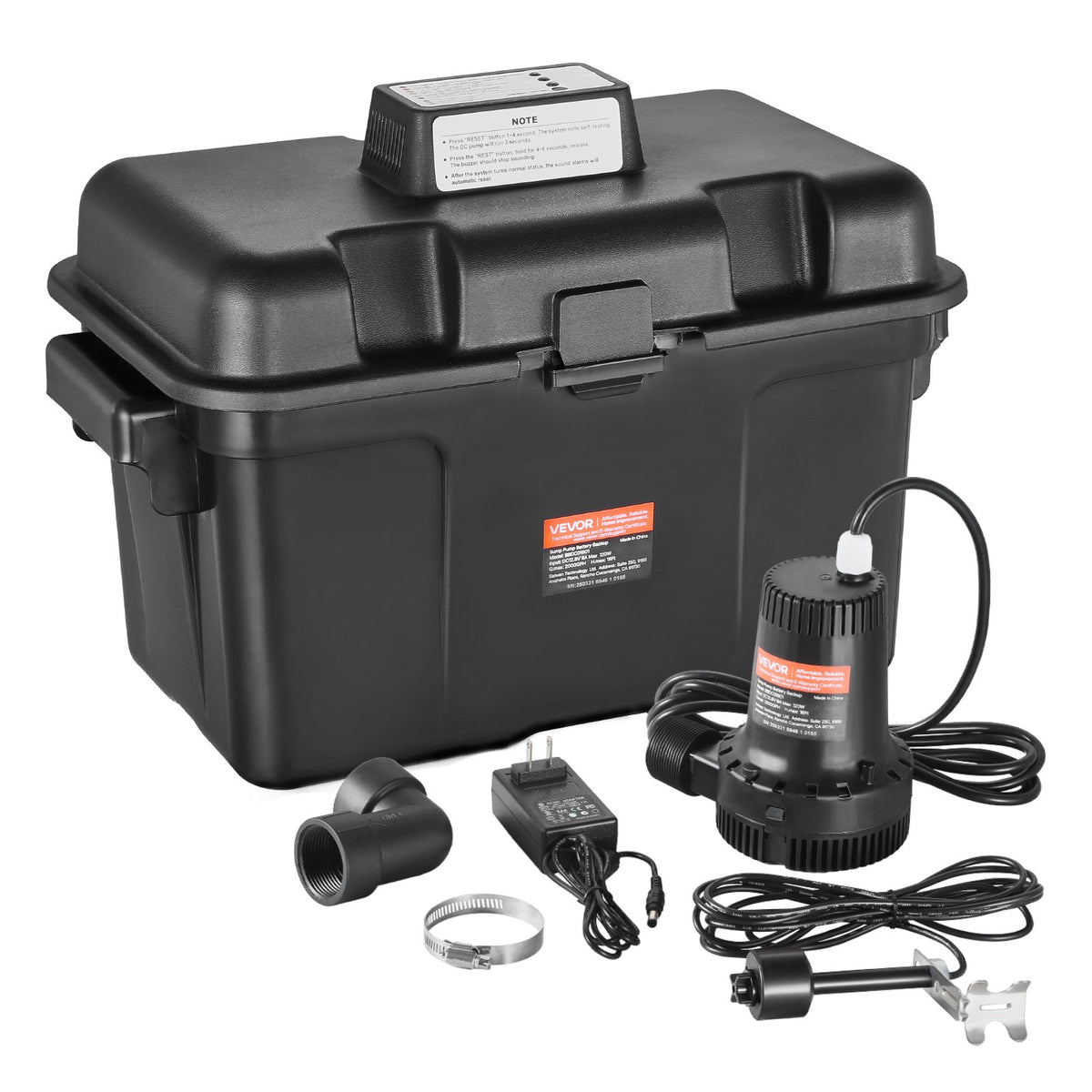 VEVOR Basement Emergency Back-Up Sump Pump, 2000GPH 0.17 HP Backup Sump Pump System, with 15V Adapter, Float Switch, 24-Hour-a-Day Monitoring Controller, Alerts, and Charger, Black - BYZLB2000GPHEP7FM001V1 - view 1