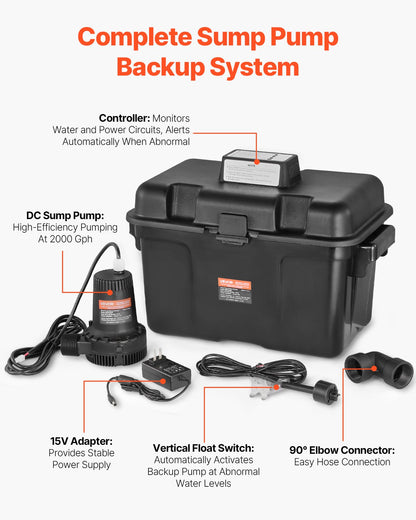 VEVOR Basement Emergency Back-Up Sump Pump, 2000GPH 0.17 HP Backup Sump Pump System, with 15V Adapter, Float Switch, 24-Hour-a-Day Monitoring Controller, Alerts, and Charger, Black - BYZLB2000GPHEP7FM001V1 - view 3