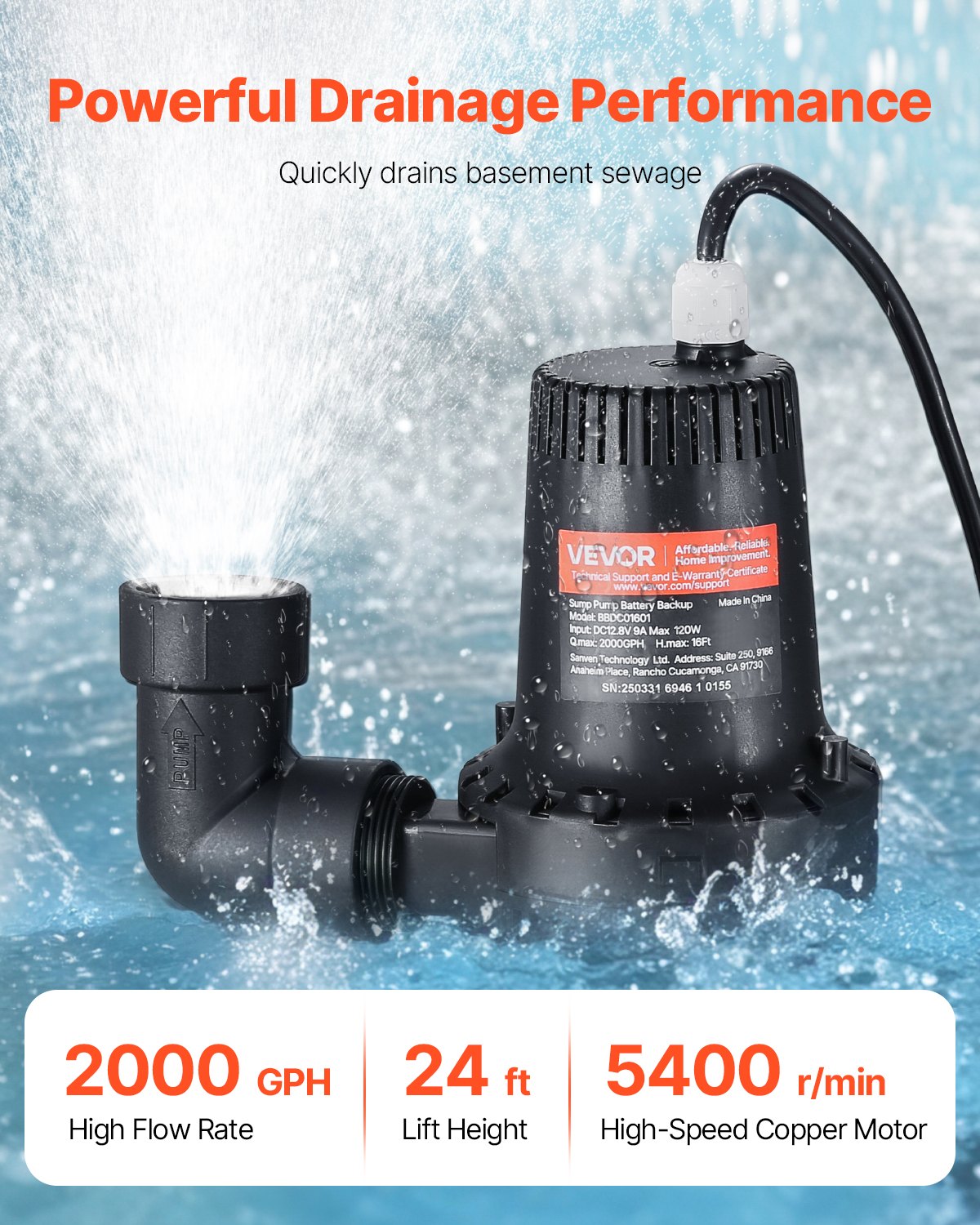 VEVOR Basement Emergency Back-Up Sump Pump, 2000GPH 0.17 HP Backup Sump Pump System, with 15V Adapter, Float Switch, 24-Hour-a-Day Monitoring Controller, Alerts, and Charger, Black - BYZLB2000GPHEP7FM001V1 - view 5