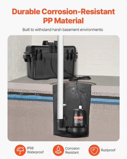 VEVOR Basement Emergency Back-Up Sump Pump, 2000GPH 0.17 HP Backup Sump Pump System, with 15V Adapter, Float Switch, 24-Hour-a-Day Monitoring Controller, Alerts, and Charger, Black - BYZLB2000GPHEP7FM001V1 - view 6