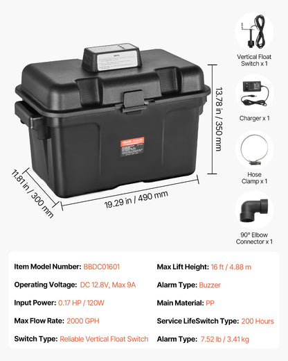VEVOR Basement Emergency Back-Up Sump Pump, 2000GPH 0.17 HP Backup Sump Pump System, with 15V Adapter, Float Switch, 24-Hour-a-Day Monitoring Controller, Alerts, and Charger, Black - BYZLB2000GPHEP7FM001V1 - view 8