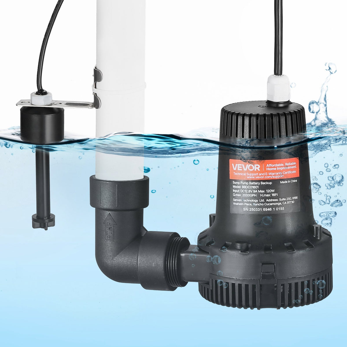 VEVOR Basement Emergency Back-Up Sump Pump, 2000GPH 0.17 HP Backup Sump Pump System, with 15V Adapter, Float Switch, 24-Hour-a-Day Monitoring Controller, Alerts, and Charger, Black - BYZLB2000GPHEP7FM001V1 - view 9