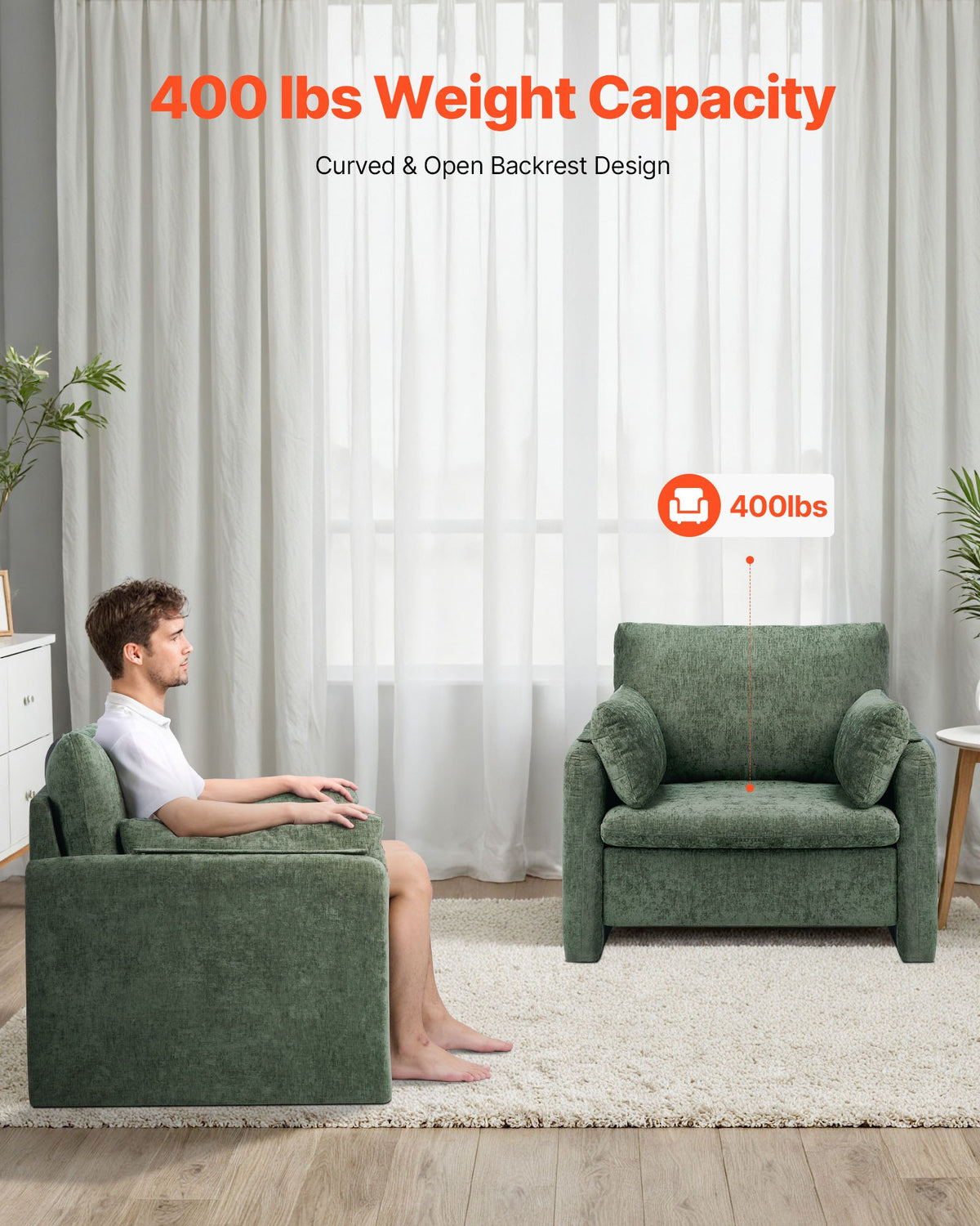 VEVOR Green Accent Chair, Modern Upholstered Accent Chair with Armrests, Cloth Arm Chairs with Thick Cushion and Arched Backrest, Single Fabric Armchair for Living Room, Bedroom, Study, Office - BYZSYFXBY323H7UPQ001V0 - view 3
