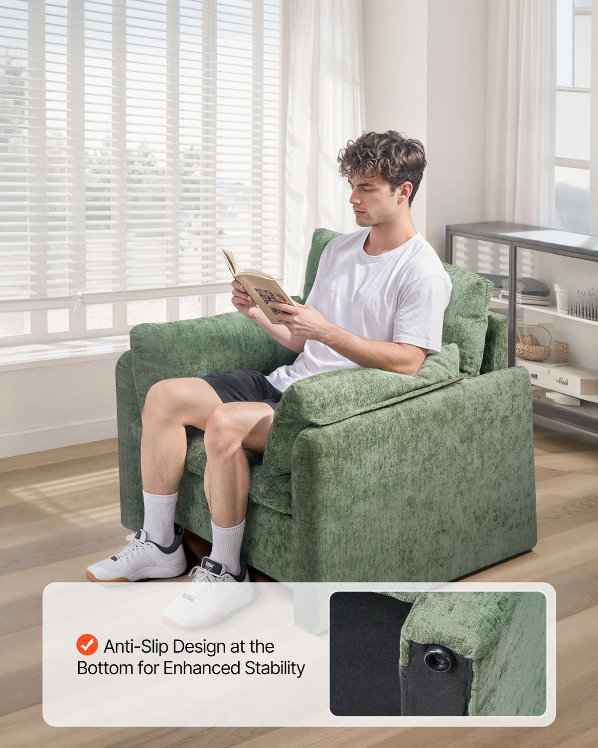 VEVOR Green Accent Chair, Modern Upholstered Accent Chair with Armrests, Cloth Arm Chairs with Thick Cushion and Arched Backrest, Single Fabric Armchair for Living Room, Bedroom, Study, Office - BYZSYFXBY323H7UPQ001V0 - view 5