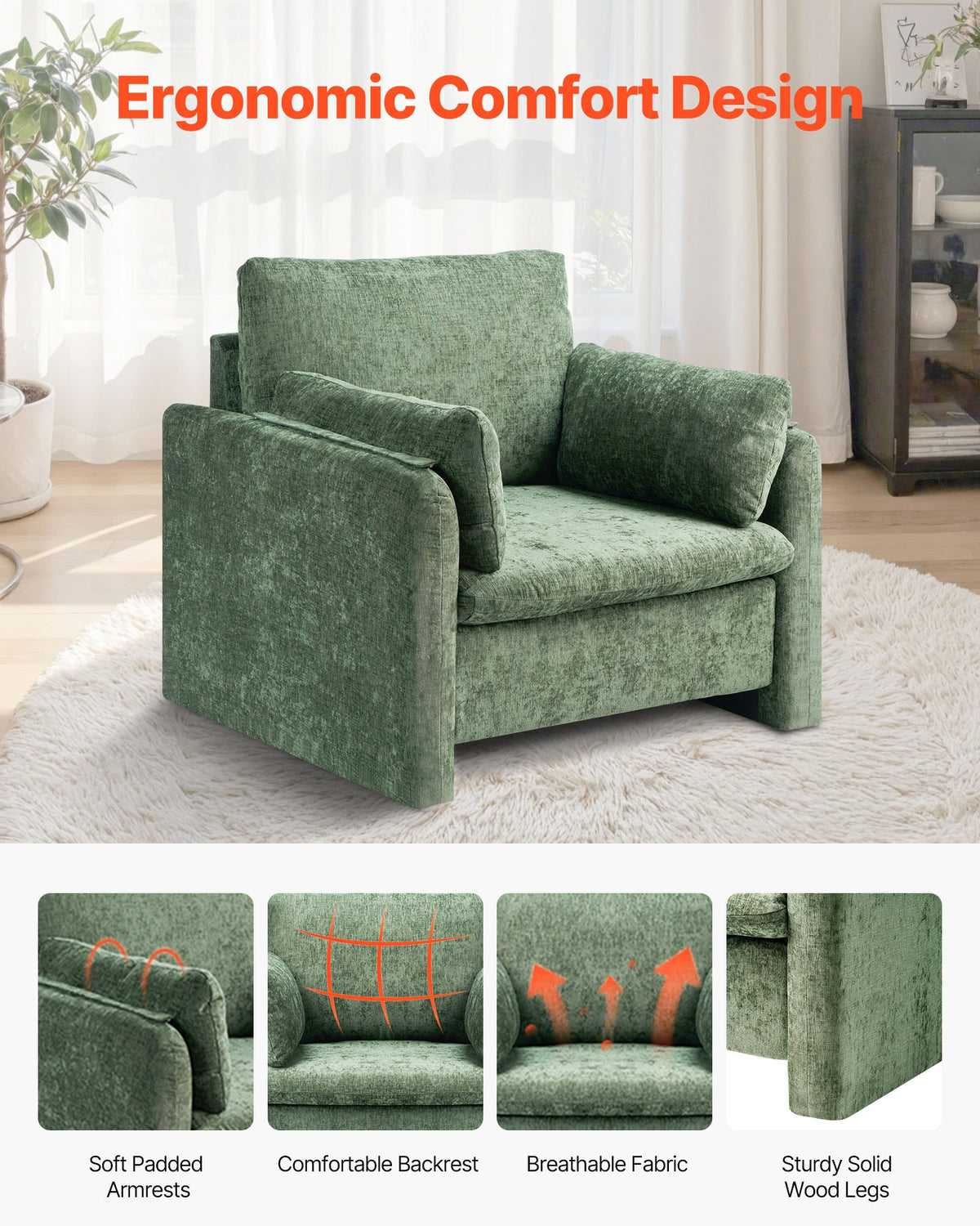 VEVOR Green Accent Chair, Modern Upholstered Accent Chair with Armrests, Cloth Arm Chairs with Thick Cushion and Arched Backrest, Single Fabric Armchair for Living Room, Bedroom, Study, Office - BYZSYFXBY323H7UPQ001V0 - view 6