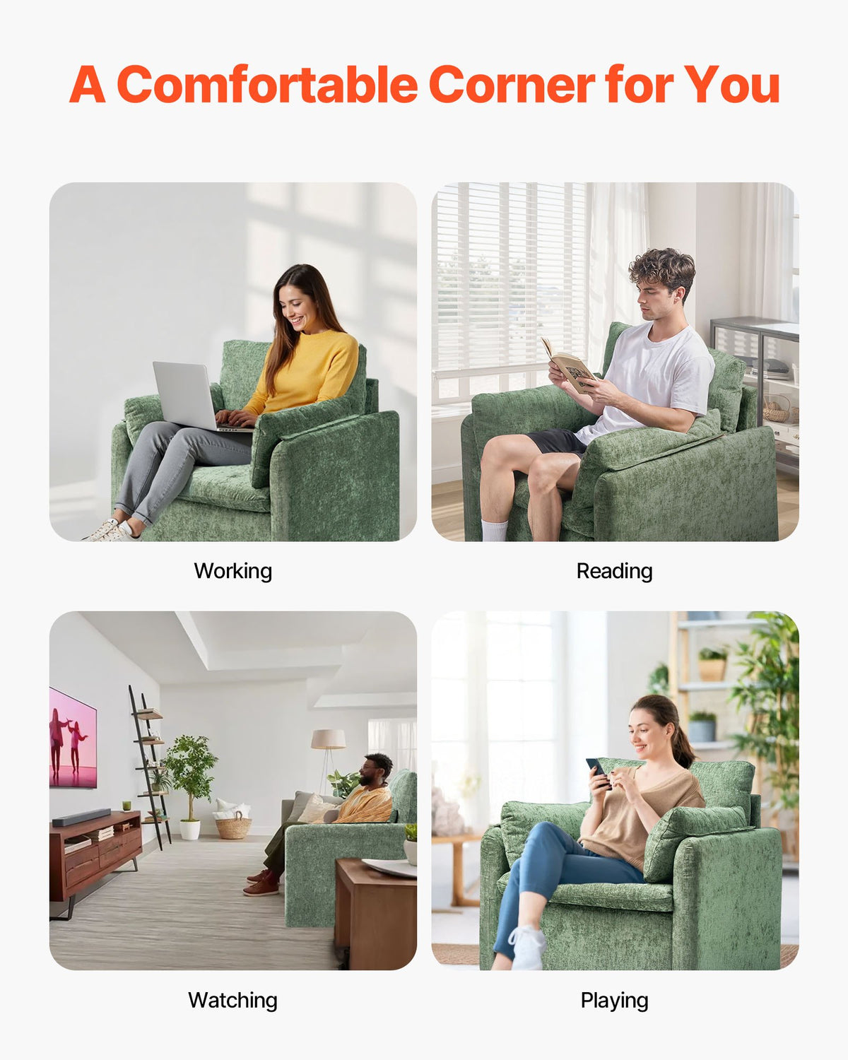 VEVOR Green Accent Chair, Modern Upholstered Accent Chair with Armrests, Cloth Arm Chairs with Thick Cushion and Arched Backrest, Single Fabric Armchair for Living Room, Bedroom, Study, Office - BYZSYFXBY323H7UPQ001V0 - view 7