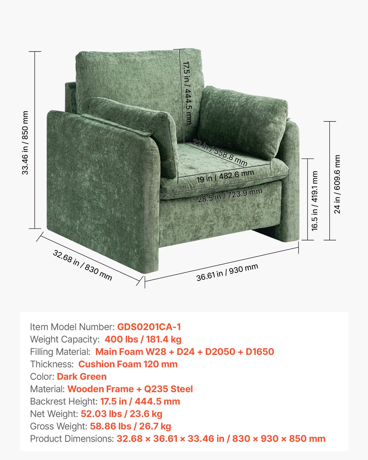 VEVOR Green Accent Chair, Modern Upholstered Accent Chair with Armrests, Cloth Arm Chairs with Thick Cushion and Arched Backrest, Single Fabric Armchair for Living Room, Bedroom, Study, Office - BYZSYFXBY323H7UPQ001V0 - view 8