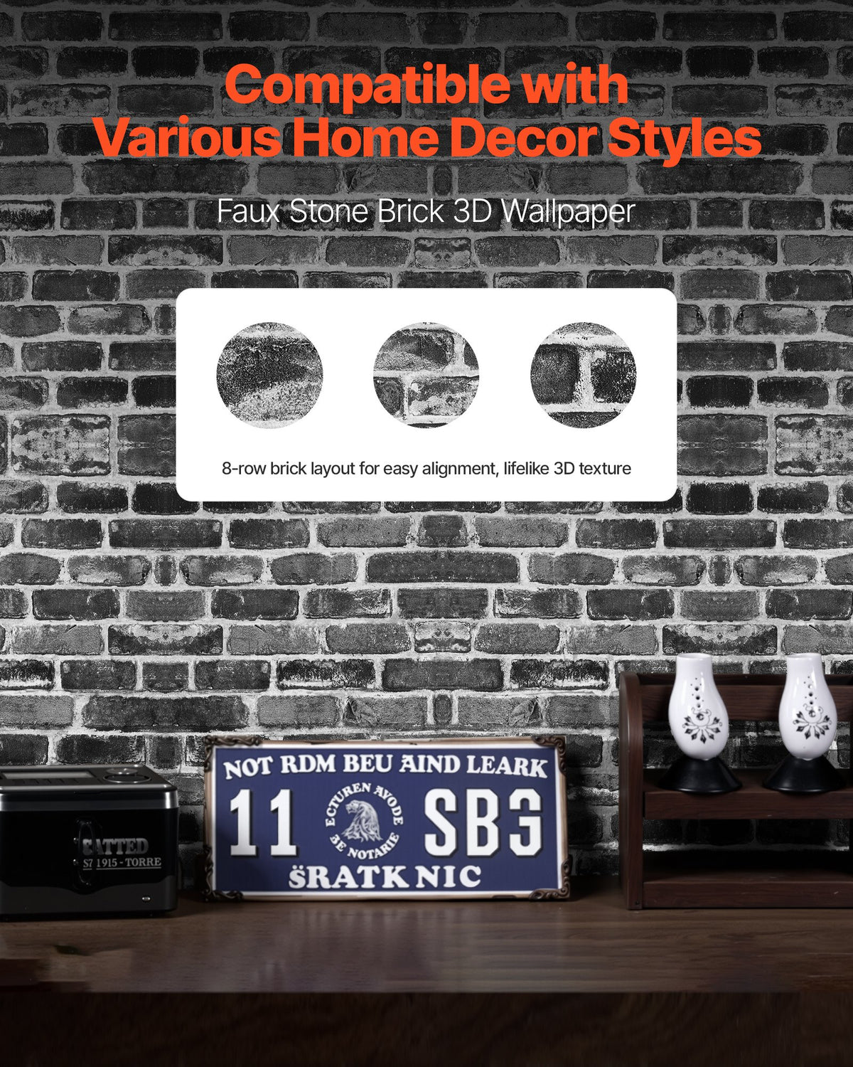 VEVOR Peel and Stick Wallpaper, 17.7 x 393.7 inch Contact Paper Gray Brick Waterpoof Self Adhesive, Easy to Clean & Peel Wall Decorative Vinyl Roll for Bedroom Kitchen Bathroom Office Desk - BZCCBZJKD40453KQP001V0 - view 3