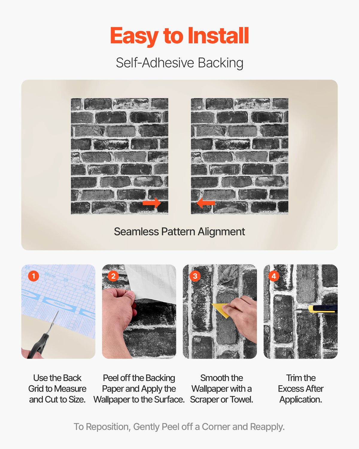 VEVOR Peel and Stick Wallpaper, 17.7 x 393.7 inch Contact Paper Gray Brick Waterpoof Self Adhesive, Easy to Clean & Peel Wall Decorative Vinyl Roll for Bedroom Kitchen Bathroom Office Desk - BZCCBZJKD40453KQP001V0 - view 4