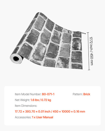 VEVOR Peel and Stick Wallpaper, 17.7 x 393.7 inch Contact Paper Gray Brick Waterpoof Self Adhesive, Easy to Clean & Peel Wall Decorative Vinyl Roll for Bedroom Kitchen Bathroom Office Desk - BZCCBZJKD40453KQP001V0 - view 8