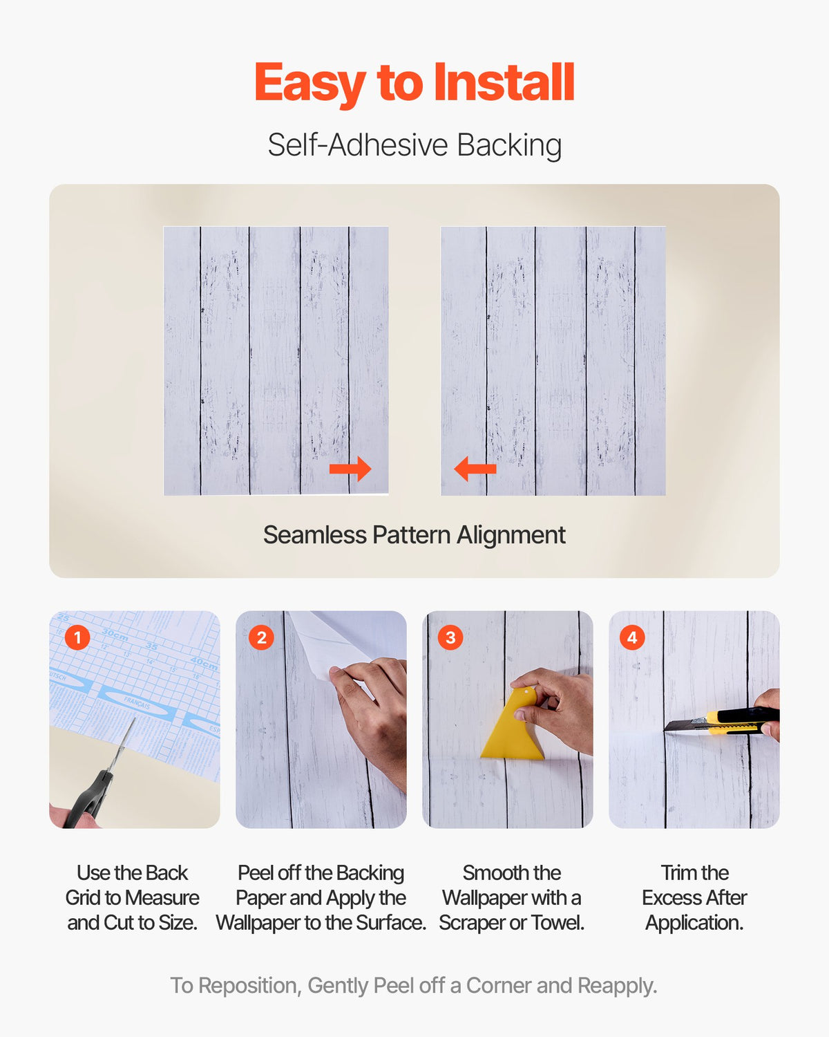 VEVOR Peel and Stick Wallpaper, 17.7 x 472.4 inch Contact Paper White Wood Textured Waterpoof Self Adhesive, Easy to Clean & Peel Wall Decorative Vinyl Roll for Bedroom Kitchen Bathroom Office Desk - BZCCBZJKD404RNWRJ001V0 - view 4