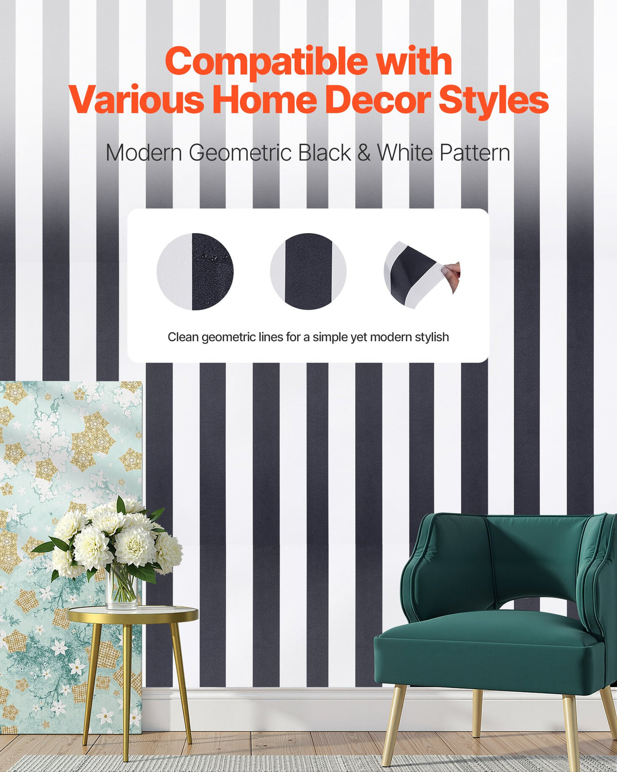 VEVOR Peel and Stick Wallpaper, 17.7 x 590.5 inch Contact Paper Black White Modern Geometric Waterpoof Self Adhesive, Easy to Clean Wall Decorative Vinyl Roll for Bedroom Kitchen Bathroom Office - BZCCBZJKD404U7O07001V0 - view 3
