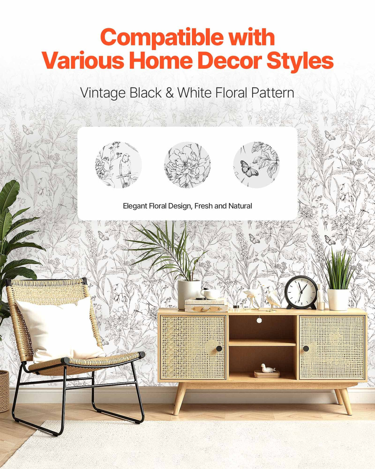 VEVOR Peel and Stick Wallpaper, 17.7 x 393.7 inch Contact Paper White Line Art Botanical Floral Waterpoof Self Adhesive, Easy to Clean Wall Decorative Vinyl Roll for Bedroom Kitchen Bathroom Office - BZCCBZJKD404WXD03001V0 - view 3