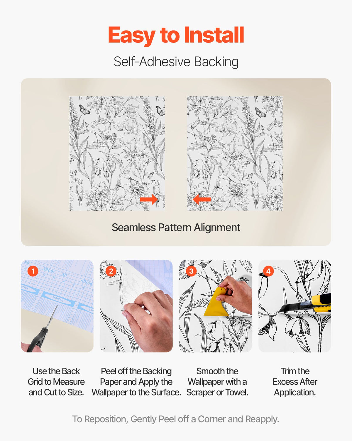 VEVOR Peel and Stick Wallpaper, 17.7 x 393.7 inch Contact Paper White Line Art Botanical Floral Waterpoof Self Adhesive, Easy to Clean Wall Decorative Vinyl Roll for Bedroom Kitchen Bathroom Office - BZCCBZJKD404WXD03001V0 - view 4